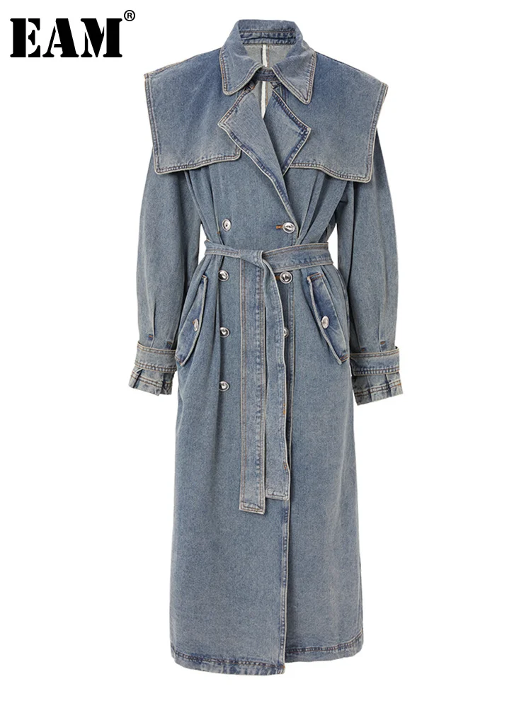 

[EAM] Women Blue Denim Big Size Long Trench New Lapel Long Sleeve Loose Fit Windbreaker Fashion Tide Spring Autumn 2023 17A4709