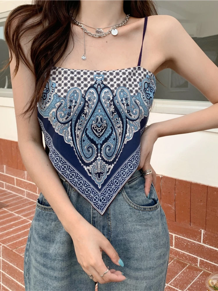 

Retro Camisole Summer Short Triangle Top Mercerized Cotton Paisley Printed Indie Folk Woman Sexy Spaghetti Camis Crop Tops 2022