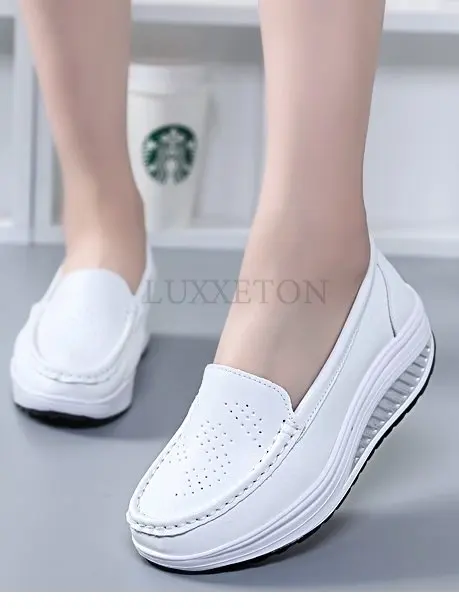 

Hot Style Spring Leather Mother Casual Woman Shoes Swing White Nurse Breathable Slip-resistant Wedges Platform Sneakers