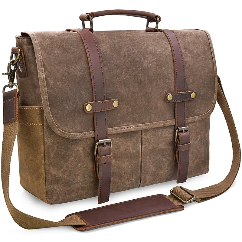 

Stylish Vintage Genuine Waxed Canvas 15.6 Inch Mens Large Rugged Waterproof Shoulder Bag Computer Messenger Briefcase Laptop Sat