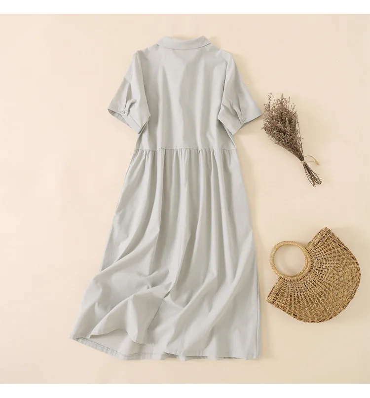 O-Neck Short Sleeved Cotton Linen Dress for Women's 2023 Summer New Vintage Literary Loose and Slim Solid Color Shirt Skirt