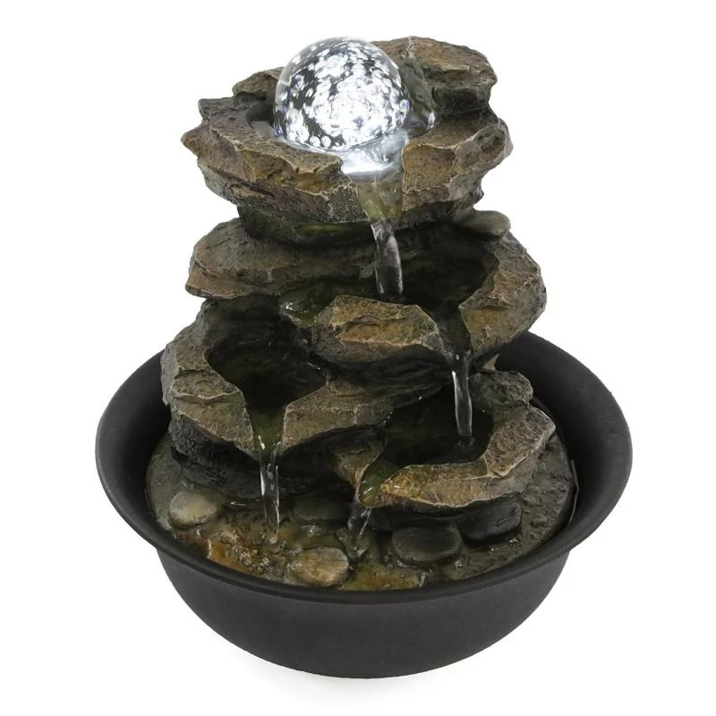 Продажа 4 уровня каскадных смолы-рок падает Настольный водяной фонтан с светодиодный геомантического мяч для офиса кабинет домашние стол Декор Купить 4 уровня каскадных смолы-рок падает Настольный водяной фонтан с светодиодный геомантического мяч для офиса кабинет домашние стол Декор