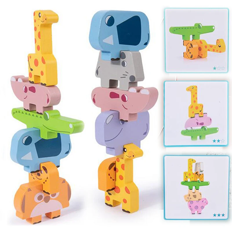 

Wooden Animal Balance Blocks Board Games Children Montessori Toys Educational Stacking High Building Block Wood Toy Boy Girl