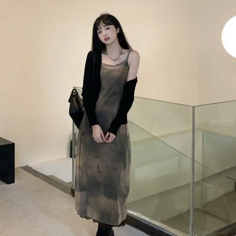 

Vintage Tie Dye Print Mesh Dress Grunge Gothic Spaghetti Strap Midi Dress Korean Style Party Dress Fairycore Vestidos Streetwear