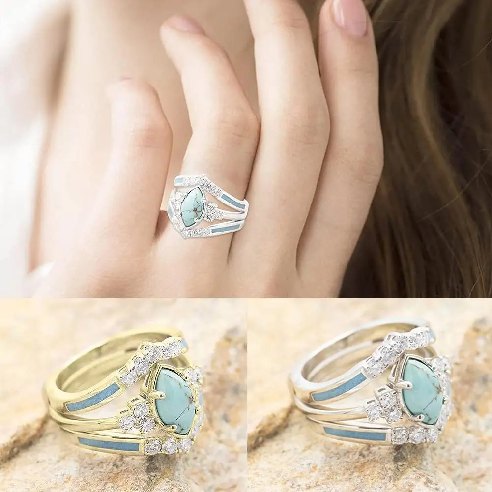 

3Pcs/set rings for women Natural Turquoise Diamond Ring Wedding Band Anniversary Christmas Gift engagement rings for women