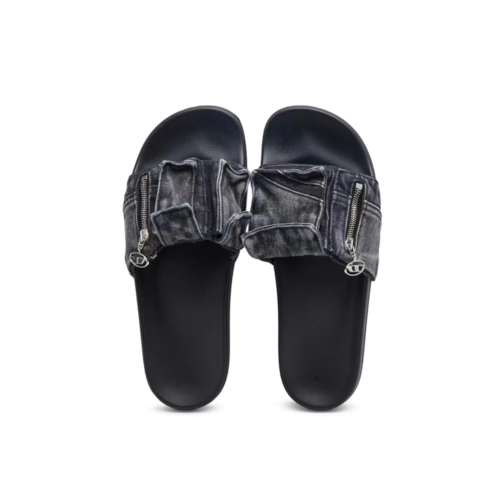 Women's New Shoes Flat Bottom Soft Sole Denim Zipper Decoration Slippers Round Toe Open Toed Beach Party Ladies Large Sandals