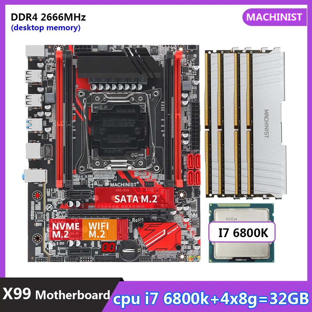 

MACHINIST X99 комплект материнской платы с процессором Core I7-6800K DDR4 4*8 ГБ = 32 Гб 2666 МГц ОЗУ комплект памяти USB 3,0 SATA NVME M.2 четыре канала