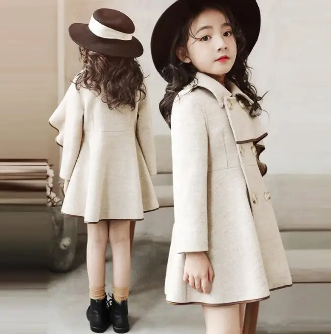 

Длинное шерстяное пальто для девочек, осенне-зимняя куртка, новая Корейская версия, бархатная плотная верхняя одежда для подростков, однотонная детская одежда