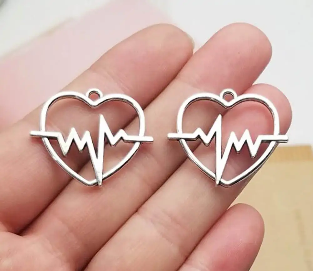 

15 шт./лот-25x30 мм Античное посеребренное галькардиограмма шармы сердцебиение Подвески «сделай сам» ювелирные изделия аксессуары