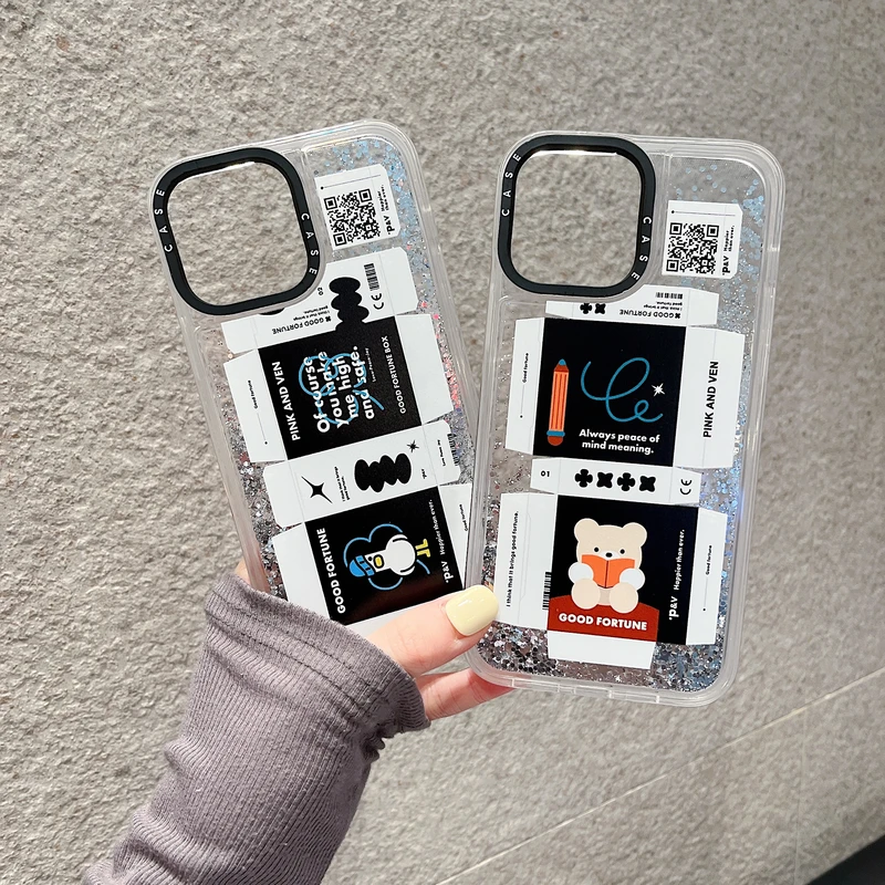 

Cute Cartoon Code Label Animal Bling Liquid Quicksand Phone Case For iPhone 11 12 13 Pro Xs Max Xr X Shiny Stars Glitter Cover