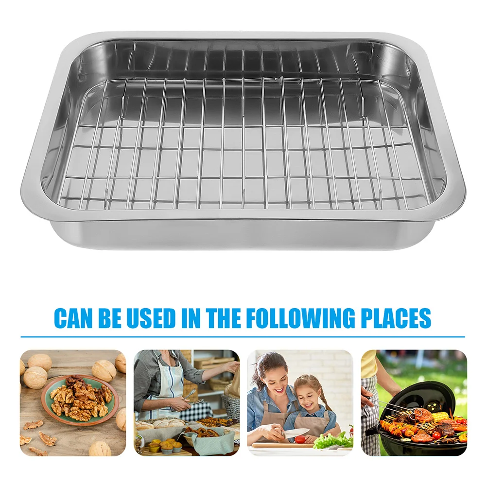 

Sheet Rack Set: Stainless Steel Roasting Pan Rectangular Deep Roaster Pan Tray Nonstick Steel Roaster Lasagna Frying net with