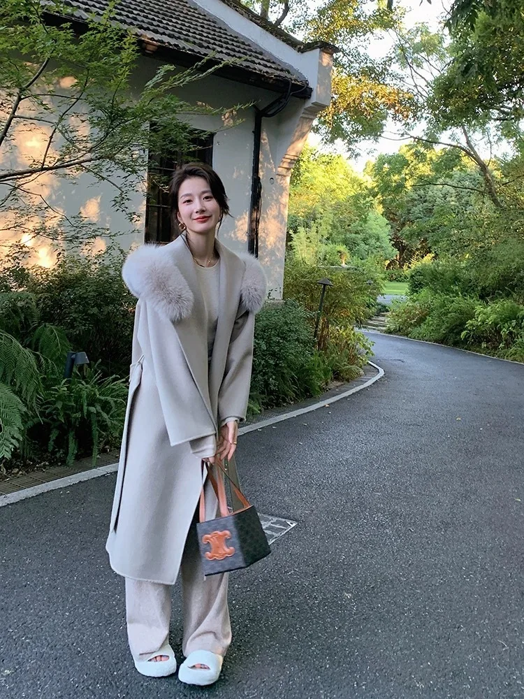 French Lazy 2024 осенне-зимнее новое двустороннее кашемировое пальто с капюшоном