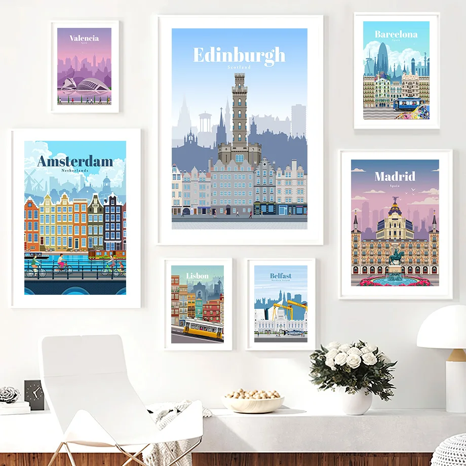 

Cartoon Color Tourist City Wall Art Madrid Amsterdam Spain Canvas Painting Nordic Posters and Prints Wall Pictures Home Decor