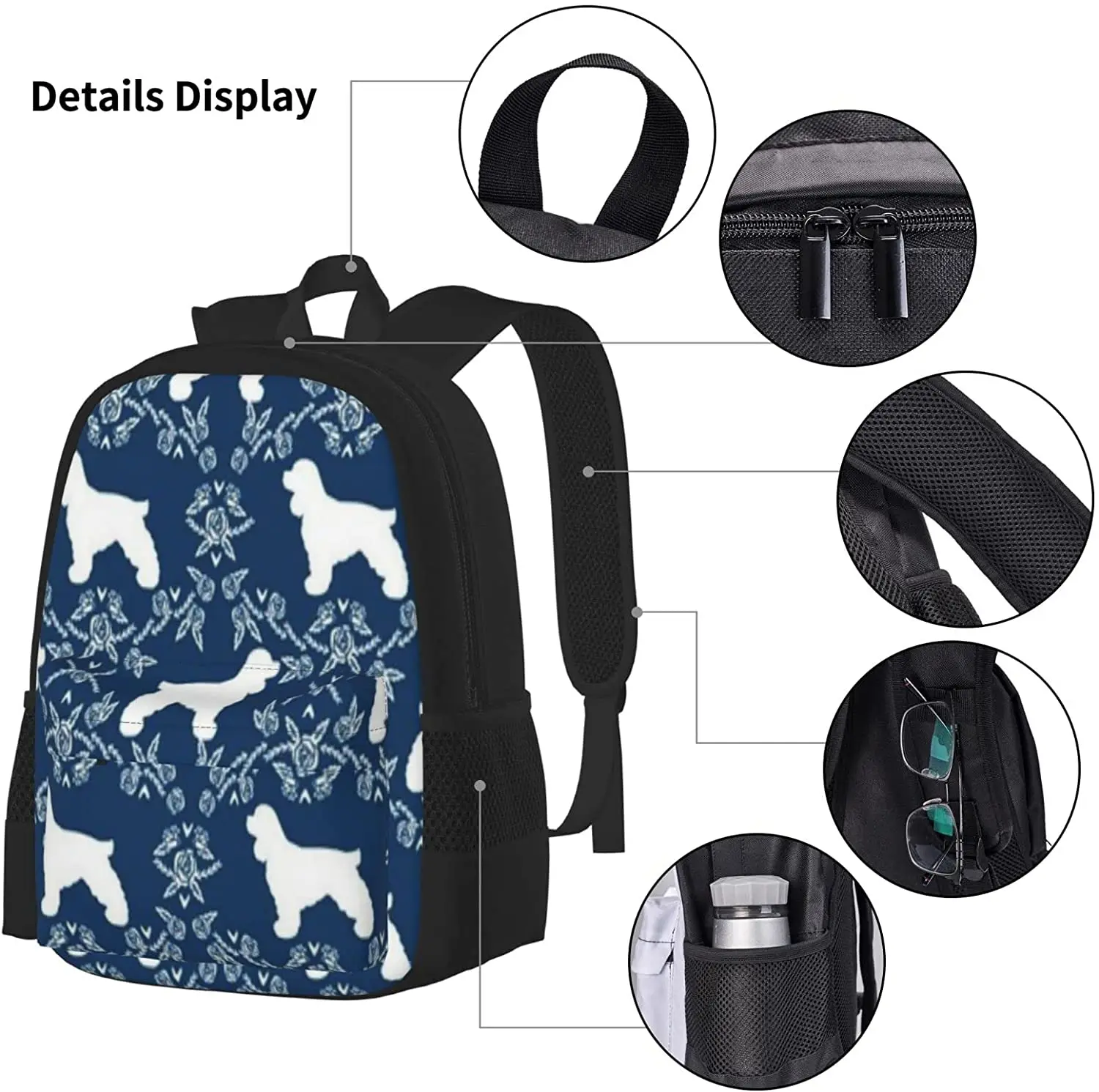 Cocker Spaniel Dog  Silhouette Floral Schoolbag Travel Bag Casual Daypack Lunch Bag Pencil Case for Boys Teens Girls 3pcs Sets