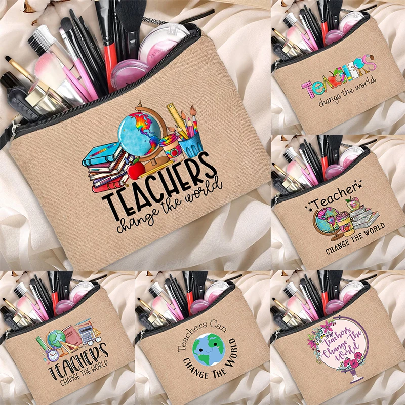 

Teacher Change The World Linen Pouch Women Neceser Makeup Bag Travel Toiletry Organizer Back To School Teacher Gift Cosmetic Bag