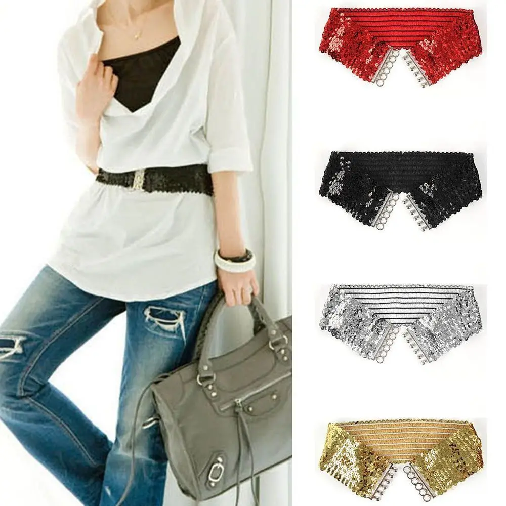 

Elastic Sequin Belly Stretch Buckle Wide Waistband Belt