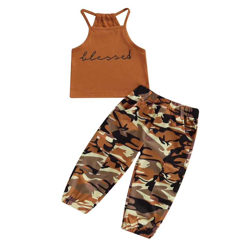 

Kid Girl Long Pants Outfits, Sleeveless Letter Print Sling Tank Tops + Elastic Waist Camouflage Pattern Pockets Pants Set