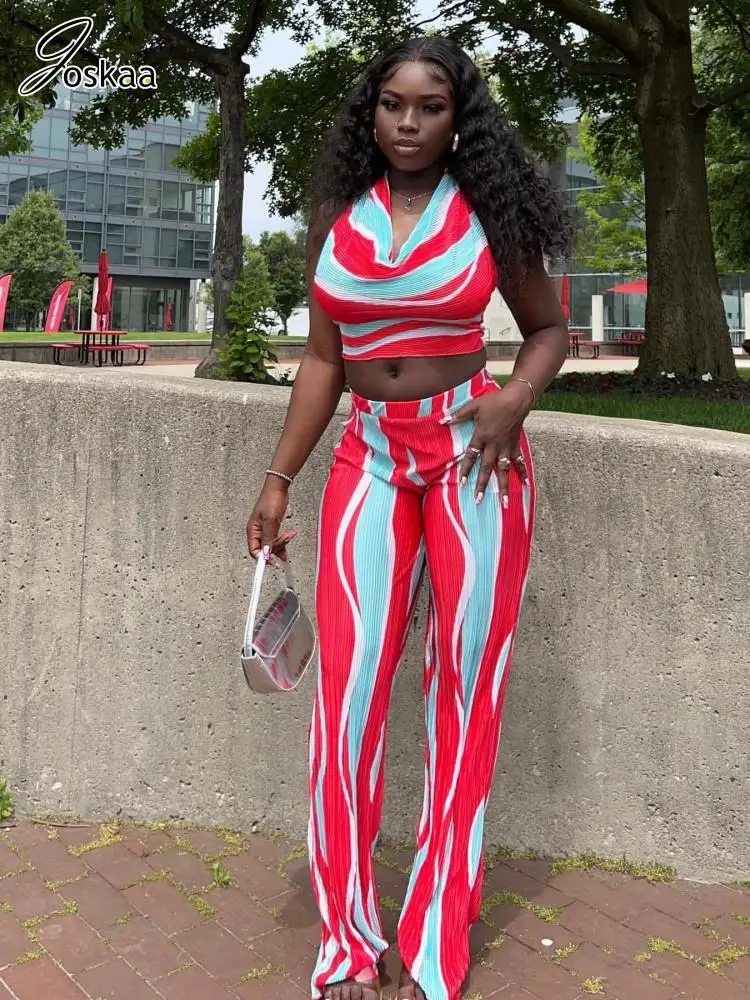 

Joskaa Striped Print Two Piece Set Women Sexy Halter Backless Bandage Tank Top and Flared Pants Matching Fall 2023 Tracksuits