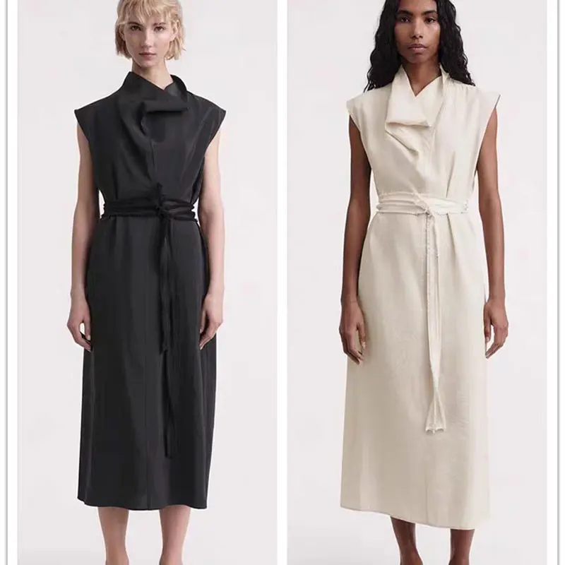 

Women's Midi Robe Drop Pleated Lapel Waist Office Lady Dress
