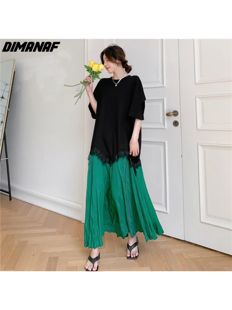 

DIMANAF Summer Plus Size Fashion Women Elegant Lady Black Lace Long Dress Spliced Pleated Cotton Loose Clothing