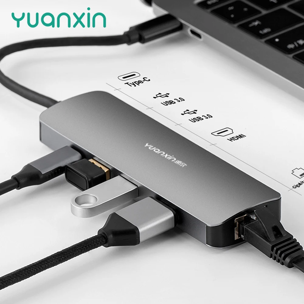

YUANXIN usb-хаб 4K HDMI адаптер USB C к RJ45 USB 3,0 PD 100 Вт док-станция для MacBook Pro Air M2 M1 USB-C Type C 3,1 сплиттер USB C концентратор