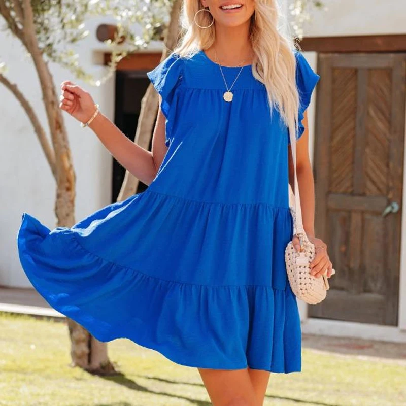 

Casual Short Sleeve Loose Dress Summer Solid O-neck Pocket Dress Fashion Pleated Dress Vestidos De Mujer Robe Elegantes 25844
