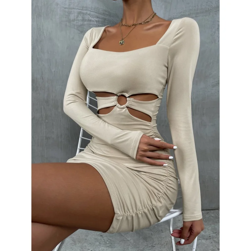 

European And American-StyleinsWomen's Autumn2021New Millennium Hot Girl Style Dress Autumn Dress Night Shop Hollow Sexy Dress