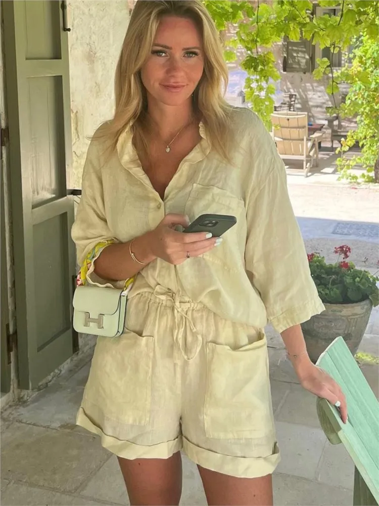 

Casual Shorts Set Women 2023 Summer New Thin Holiday Style Solid Lapel Pocket Three Quarter Sleeve Shirts+Drawstring Shorts Suit