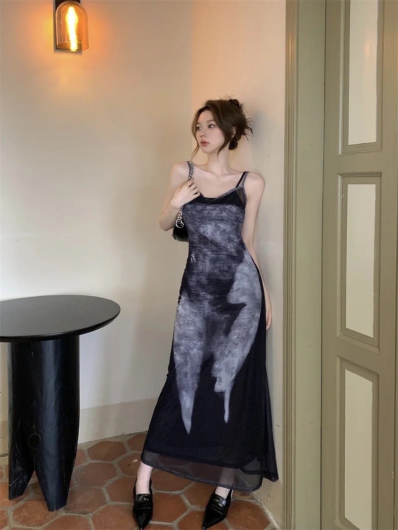 

Summer Maxi Midi Long Dress Mesh Graffiti Print Bodycon Slim Fashion Boho Women Dresses korean clothes y2k gothic grunge elegant