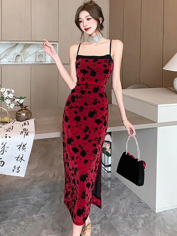 

Осенне-зимнее красное облегающее длинное платье на бретельках с цветочным рисунком, женское элегантное роскошное женское платье 2023, корейское винтажное шикарное вечернее платье