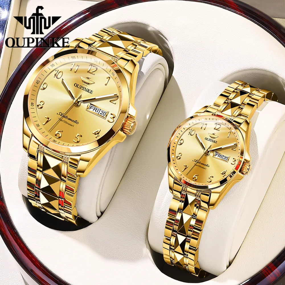 OUPINKE Luxury Digital Gold Couple Watch luminous Fashion Business Automatic Mechanical Necklace Bracelet Couple Watch Set
