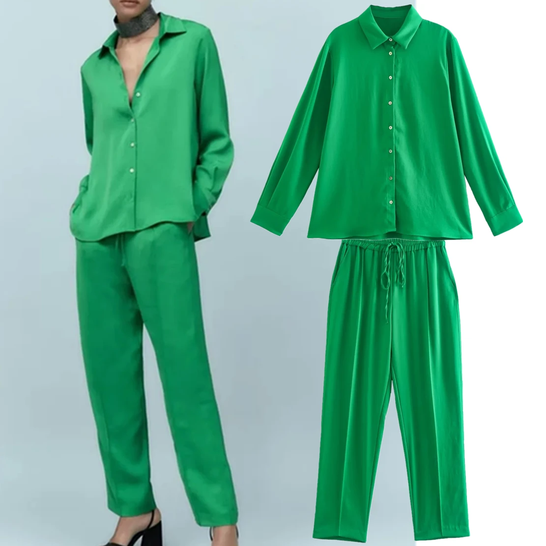 

Maxdutti England Style Fashion Loose Harem Pants Green Color Long Sleeve Blouse Two Pieces Sets Women