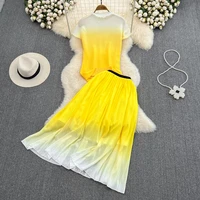 fashion gradient smudge pleated skirt set summer womens two piece sets elegant slim top high waist skirt suit female outfit