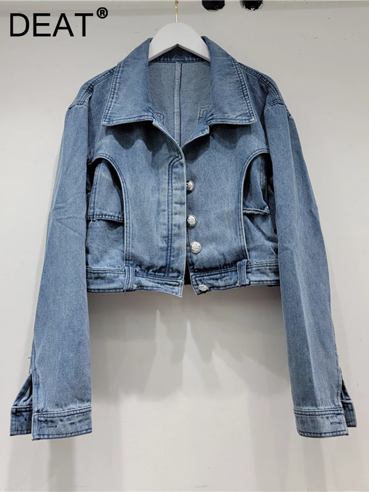 

DEAT Women's Denim Coat Patchwork Pockets Irregular Long Sleeve Single Breasted Blue Jackets 2023 Autumn New Fashion 29L2814