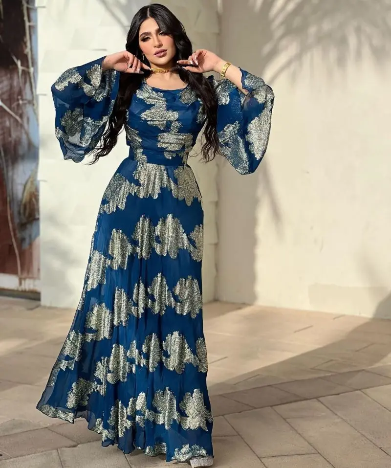 PLEINDI Bohemian Evening Dresses O-Neck Long Sleeves A-LINE Floor-Length Chiffon 2022 New of Embroidery Boho Prom Women Dress
