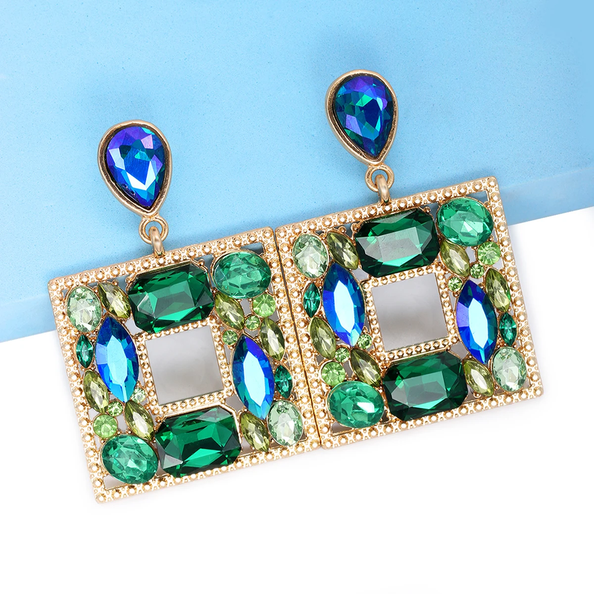 

High-quality Green Rhinestone Square Drop Earrings for Women Vintage Metal Geometric Dangle Earrings Statement Jewelry Wholesale