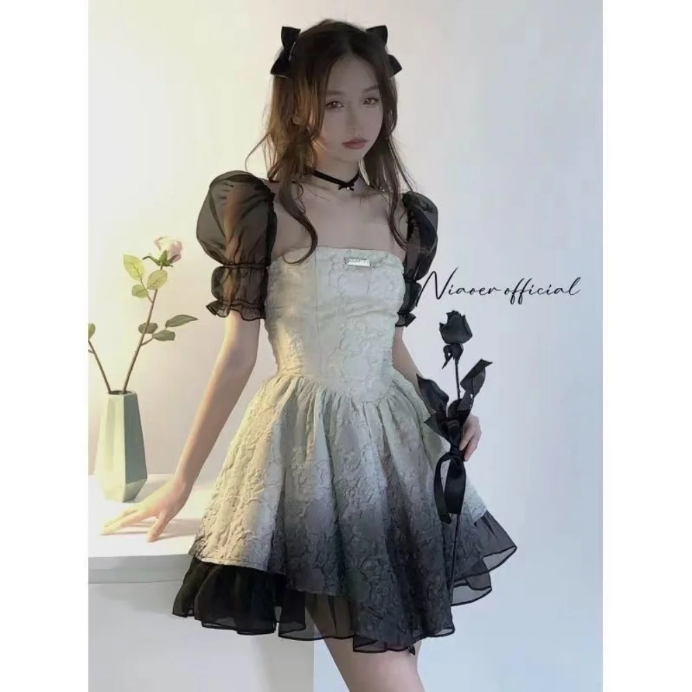 

Gothic Darkness Temperament Summer Dress Women Puff Sleeve Mesh Sexy Corset Party Mini Dress Female 2022