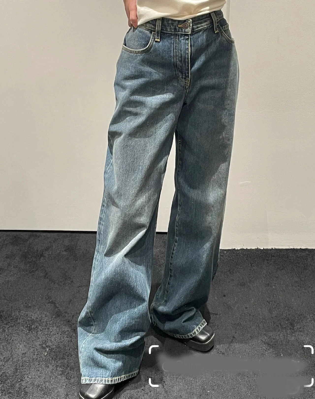 TheR0w* Autumn/Winter Women Cotton Jeans Pants Trousers Wide Leg Blue Color Denim Casual Floor Length Vintage High Waist