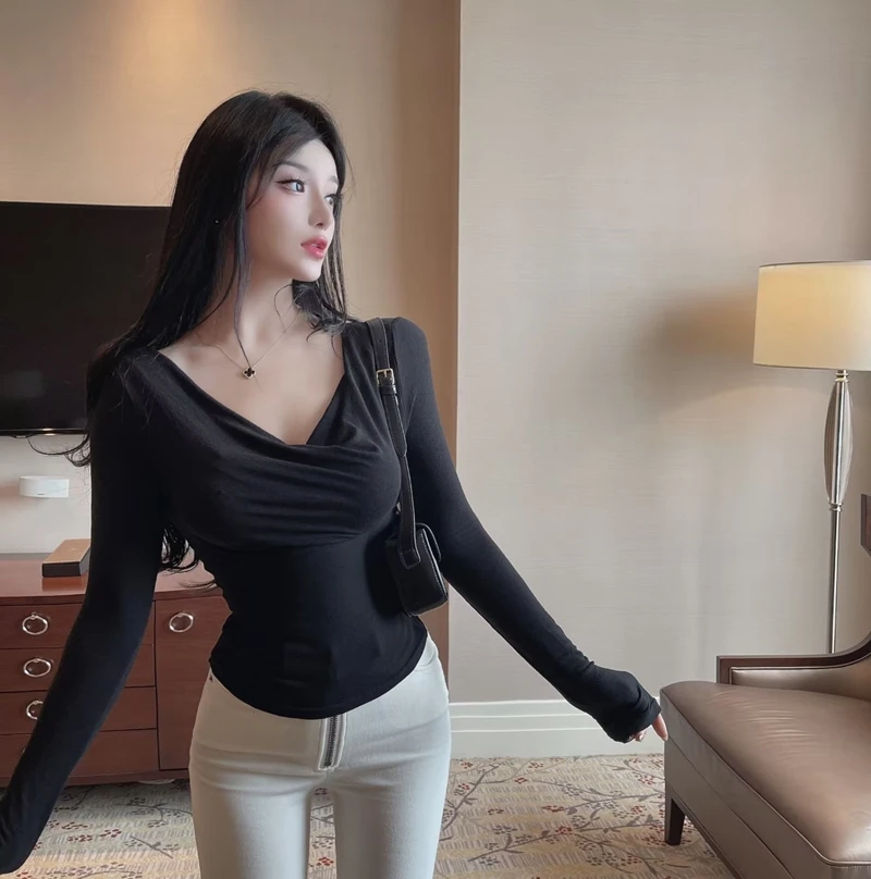 

Pure Desire Sexy Swing Collar Solid Color Top Women 2022 Early Autumn Slim Fit Thin Elastic Feminine Bottoming Shirt T-Shirt