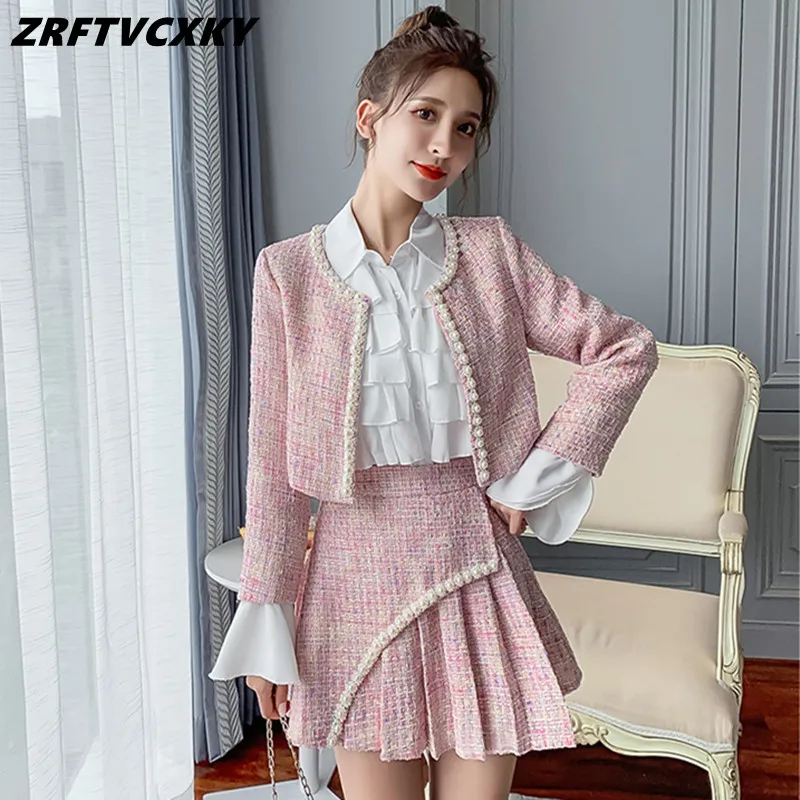 

High Quality Autumn Winter Sweet Women Tweed 2 Piece Set Luxury Beading Short Jacket Coat&Ruffles Shirts&Mini Pleated Skirt Suit