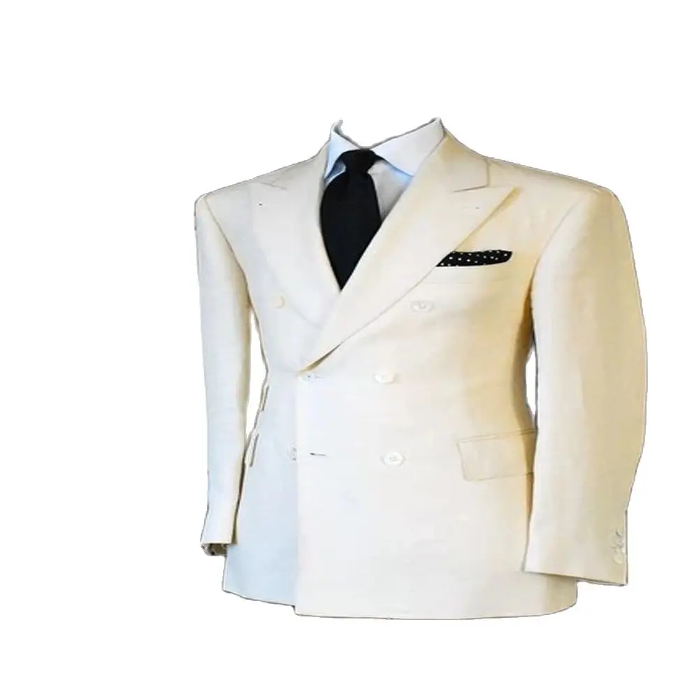 

White Linen Double Breasted Men Suits For Wedding 3 Pieces(Jacket+Pants+Vest) Custom Made Prom Groom Party Wear Men Suit Tuxedo
