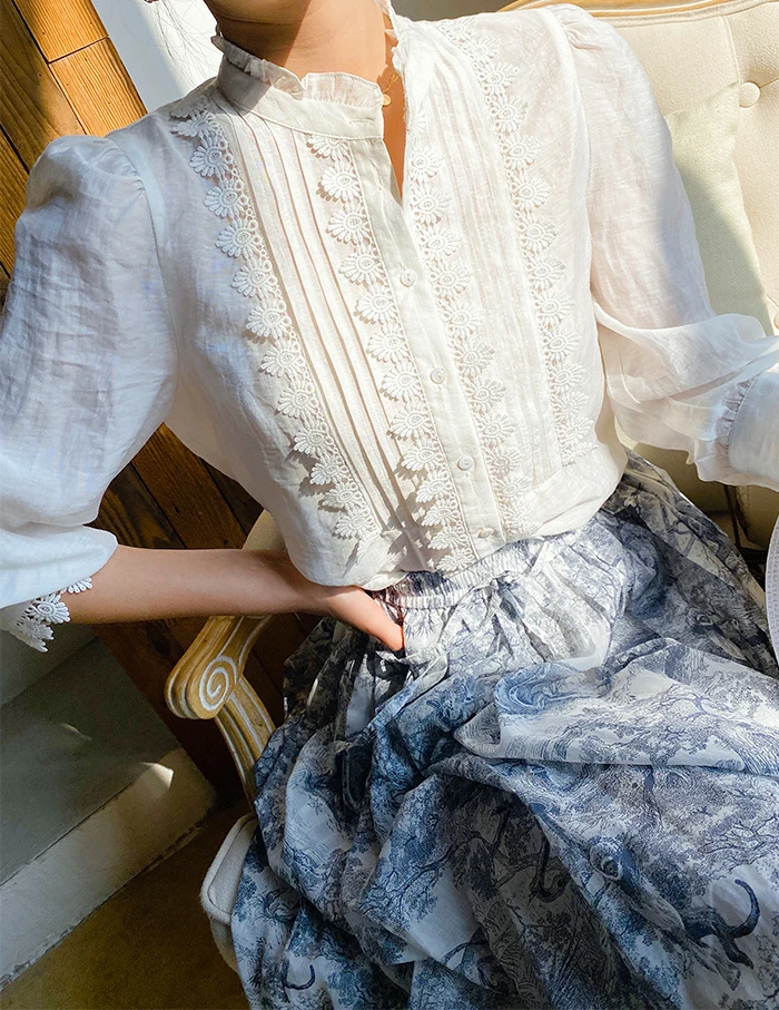 

French White Women's Shirt Top Spring Flower Embroidered O Neck Puff Sleeve Folds Cardigan Tops Elegant Fashion Blouses 2022