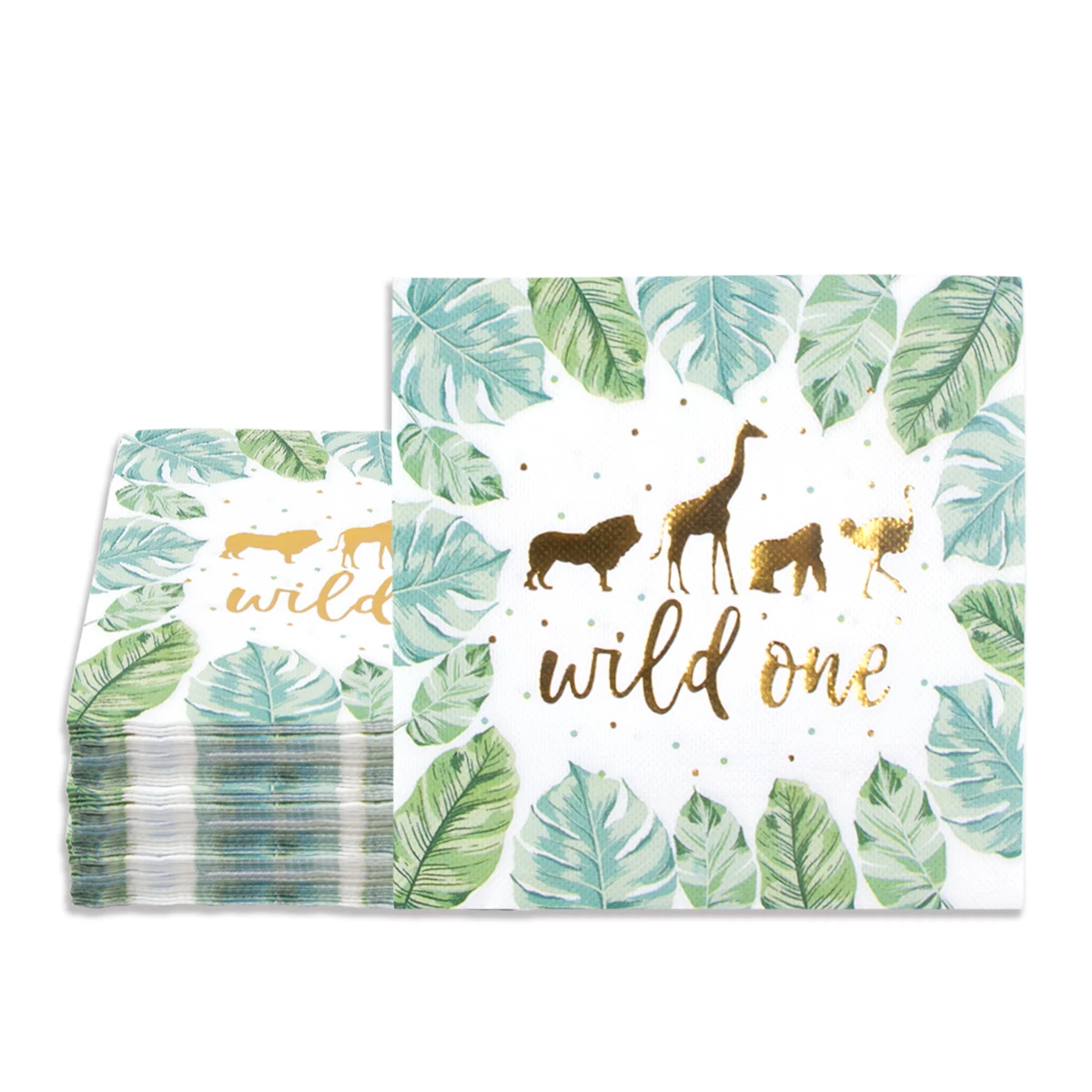

20pcs Wild One Napkins for Jungle Safari First Birthday Party decoration kids Animal Print Napkin with Green Leaves Gold Foil
