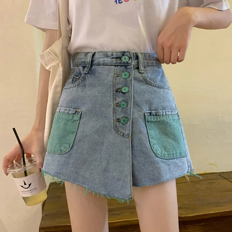 New High Waist All-match Ulzzang Comfortable Retro Fashion Women Shorts Leisure Chic Denim Short with Pockets Buttons Streetwear