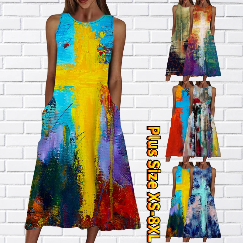 

Женское винтажное платье до колена, Элегантное повседневное платье с юбкой без рукавов и круглым вырезом, лето 2023