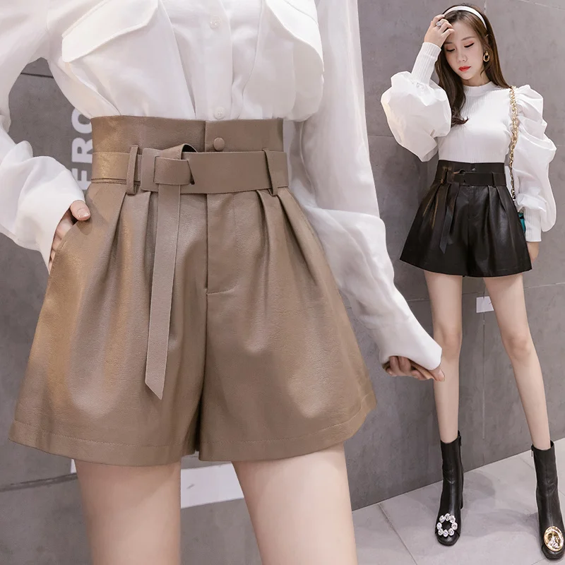 

New 2023 Autumn Winter Black PU Faux Leather Women's Sashes High Waist Wide Leg Shorts Elegant Female Trousers KZ583
