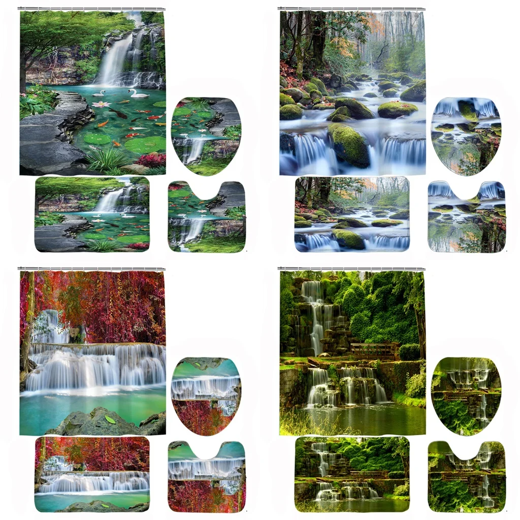 

3D Waterfall Scenery Waterproof Shower Curtain Set Bathroom Curtains Landscape Forest Trees Bath Mats Pedestal Rug Toilet Cover
