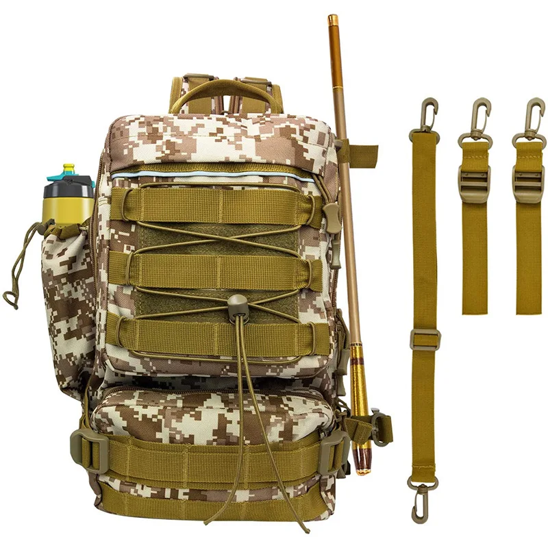 

New camouflage waterproof fishing gear supplies storage backpack with side pocket water bottle storage belt outdoor fishing bag