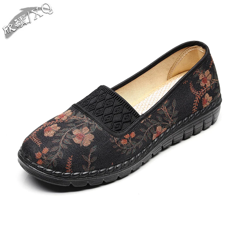 XQ Spring, Summer and Autumn New Women's Elastic Mouth Soft Non-slip Flat Heels Leisure Sports Embroidered  Single Cloth Shoes