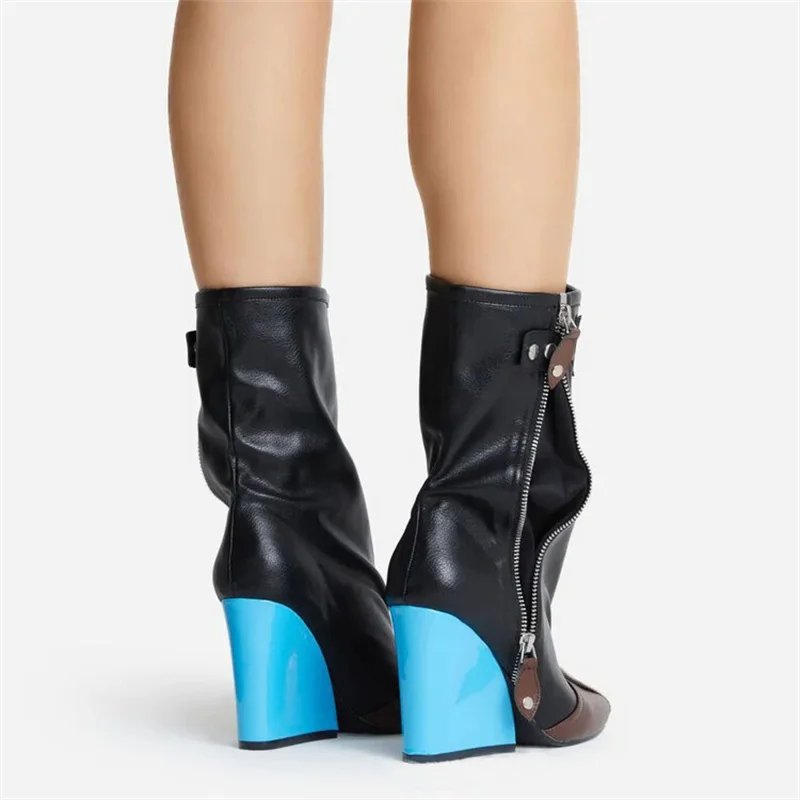 Top Quality Mixed Colors Mid Calf Boots Square Toe Crude Heel Buckle Zip Female High Heel Wedges Big Size 43 Booties Women Shoes